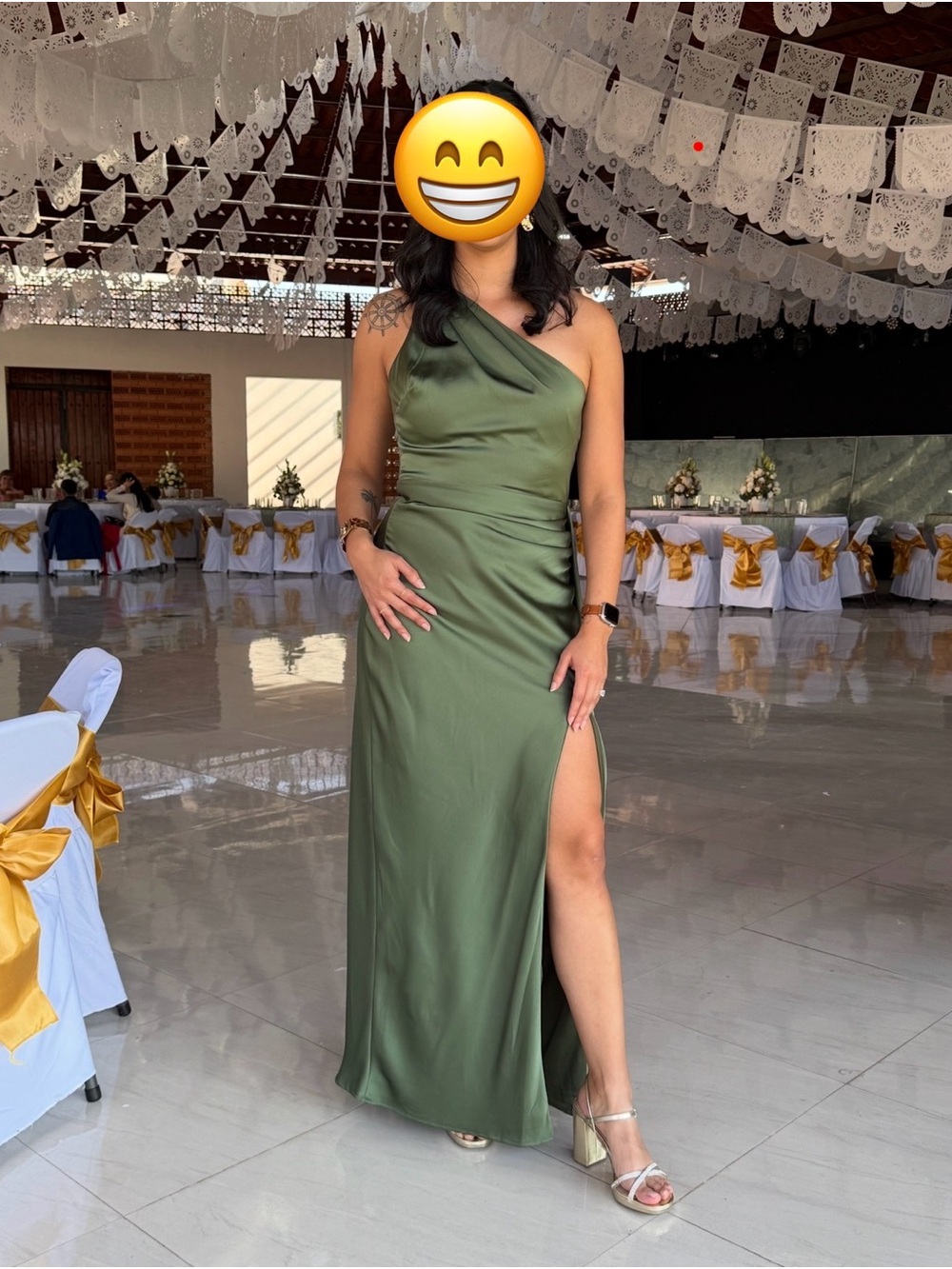 Lulu's Olive Green One-Shoulder Satin Gown with Thigh Slit